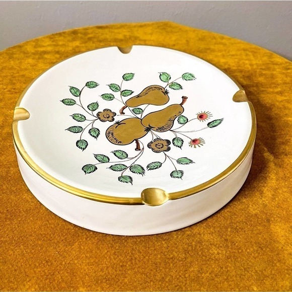 Mcm Ceramic Ashtray Large Hand-painted White Gold Pears Floral Italy Vintage - Picture 4 of 7